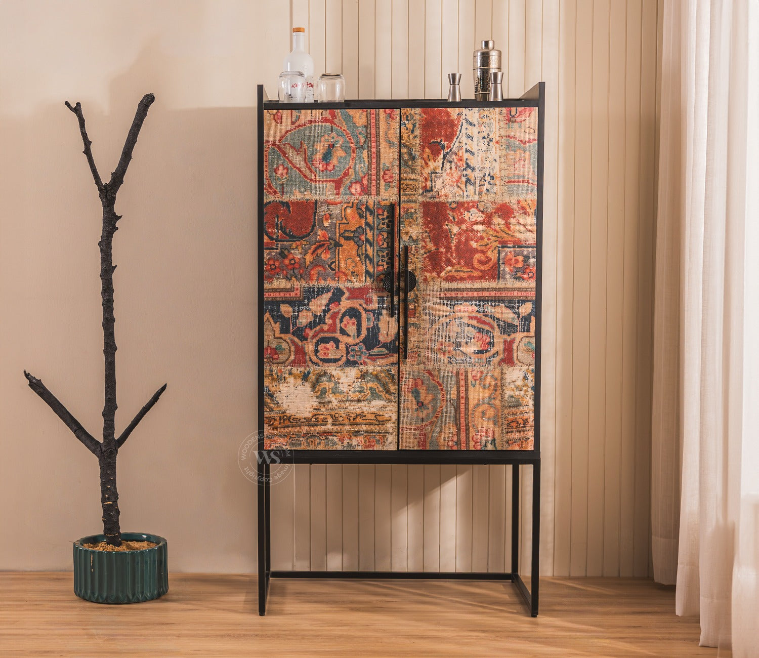 Mirella Modern Bar Cabinet with Textured Premium HDMMR Front (Patchwork Multi)