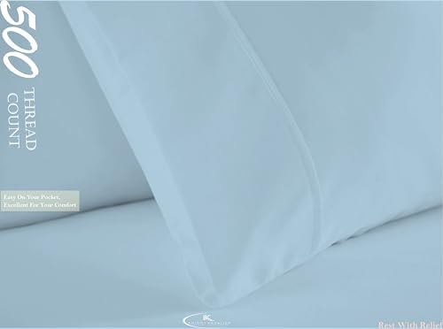 Cotton Bedsheet with 2 Pillow Cover for King Bed Egyptian 500 TC Bed Sheet Set - Light Blue Bedding Set - Durable, Ultra Soft, Hotel Quality, Export Finish Luxurious Sheets