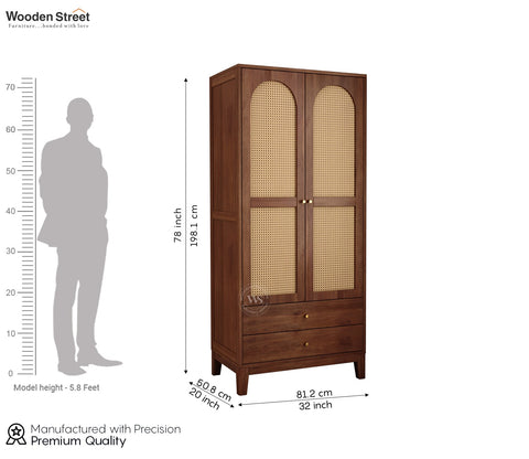 Riwayat Sheesham Wood Wardrobe with Cane & Brass Accent (Teak Finish)