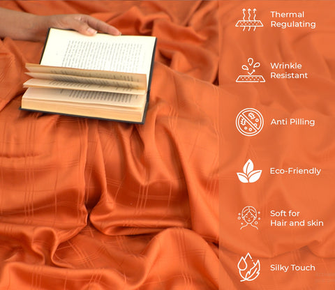 Dobby Checks Organic Bamboo 300 TC 2 Pillowcases and 1 Fitted Bedsheet (Orange, King Size)