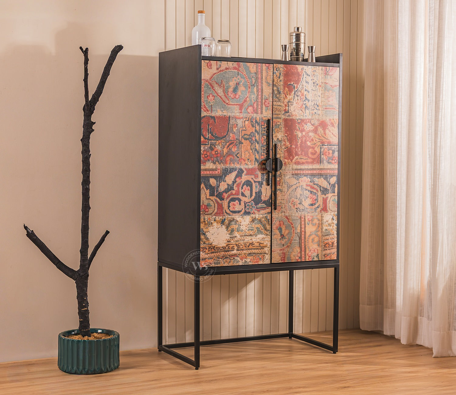 Mirella Modern Bar Cabinet with Textured Premium HDMMR Front (Patchwork Multi)