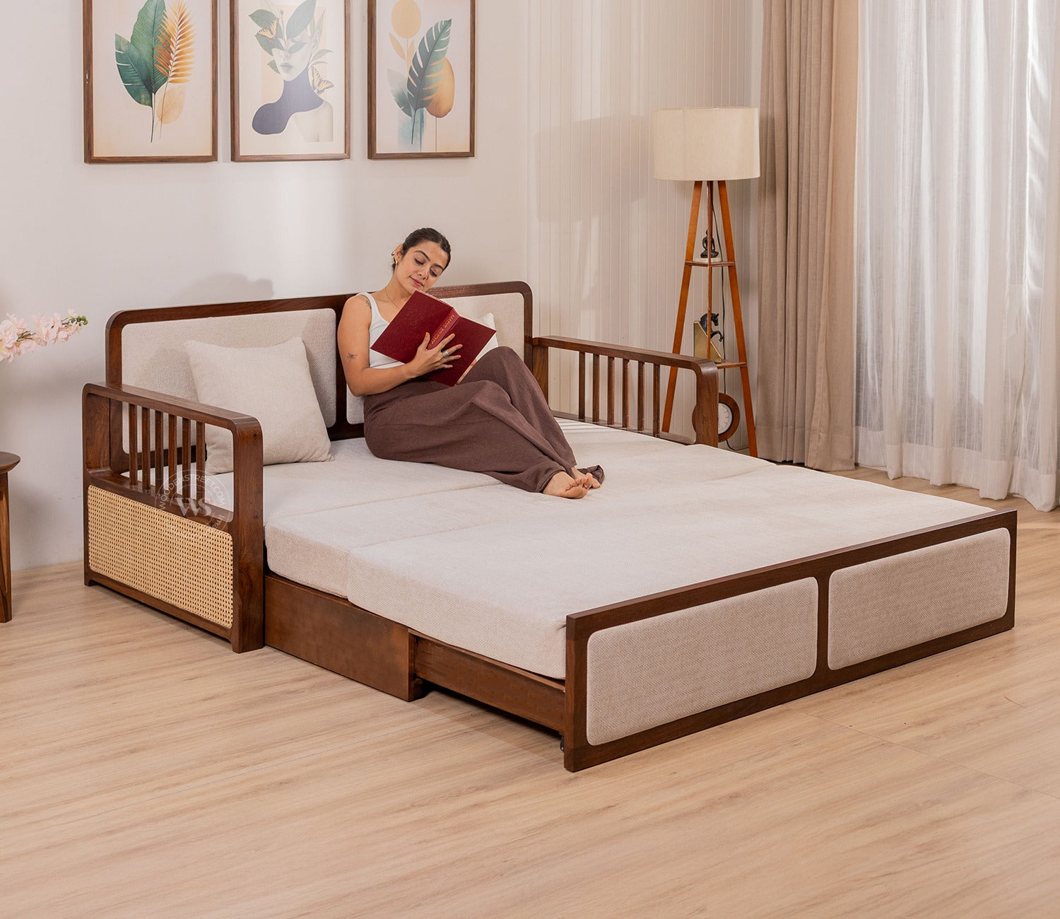 Vaastu 3-Seater Sheesham Wood Sofa Cum Bed in Premium Upholstery with Cane Weaving & Brass Accents (Teak Finish, Cottage Ivory)