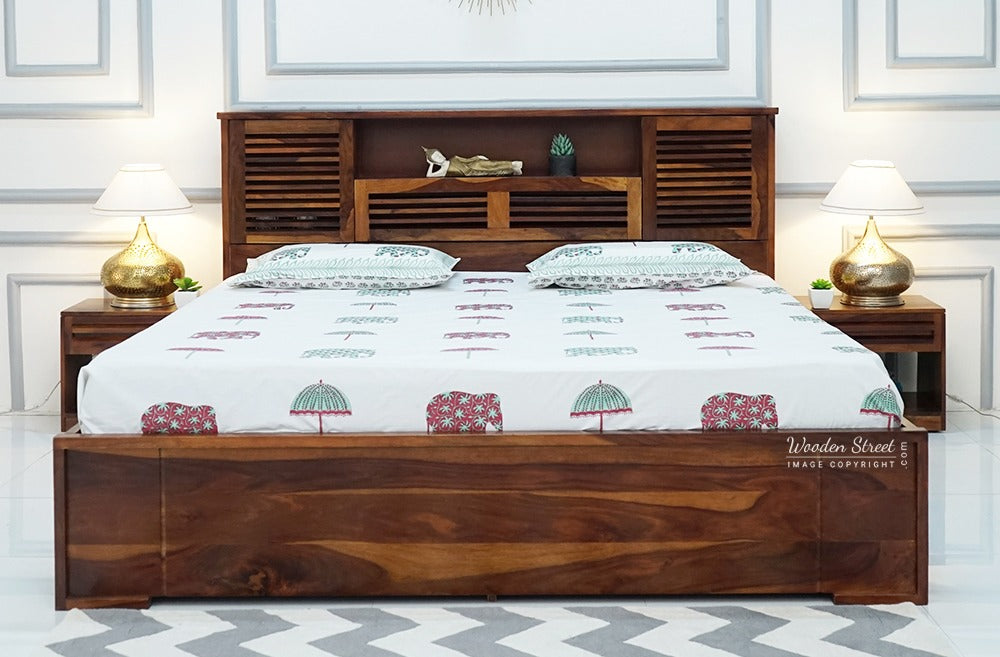 Ferguson Sheesham Wood Hydraulic Bed With Storage (King Size, Honey Finish)