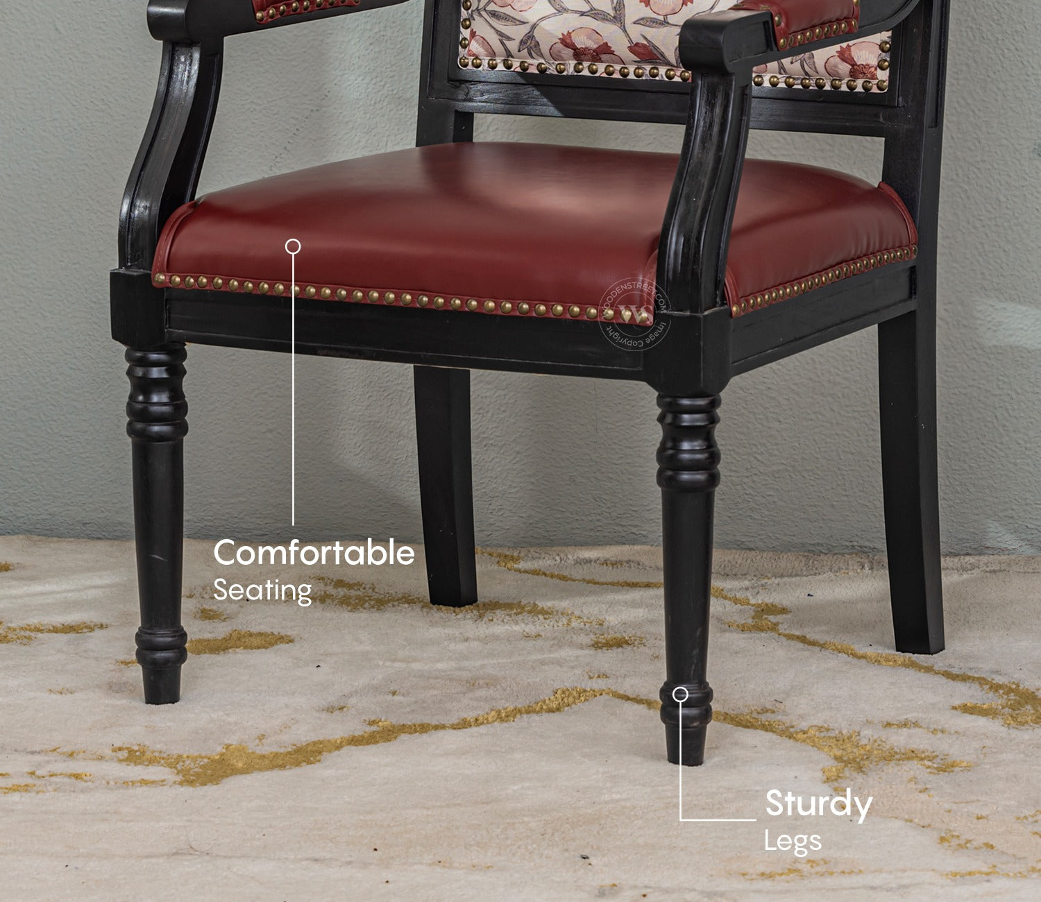 Heritage Dual Upholstery Sheesham Wood Arm Chair with Brass Detailing (Red)