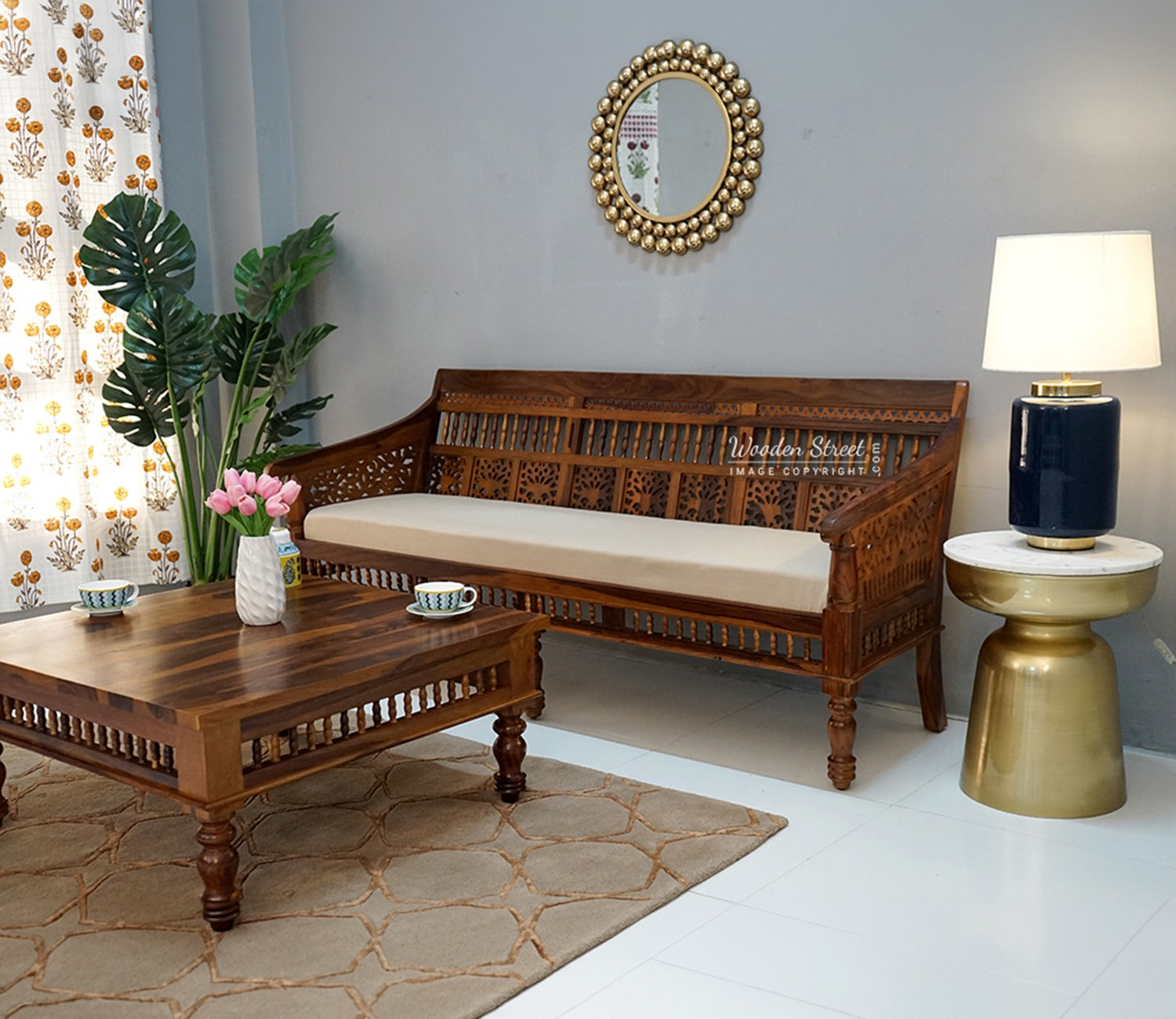 Alanis Wooden Sofa Set (Honey Finish)