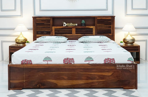 Ferguson Sheesham Wood Hydraulic Bed With Storage (Queen Size, Honey Finish)