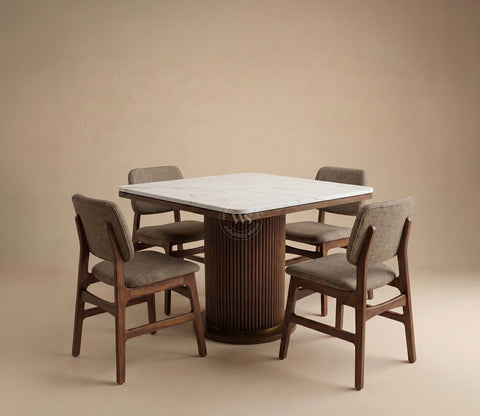 Samanvi 4 Seater Sheesham Wood Dining Table Set with Saumik Marble Top Table and Vinara Chair (Sand Brown)