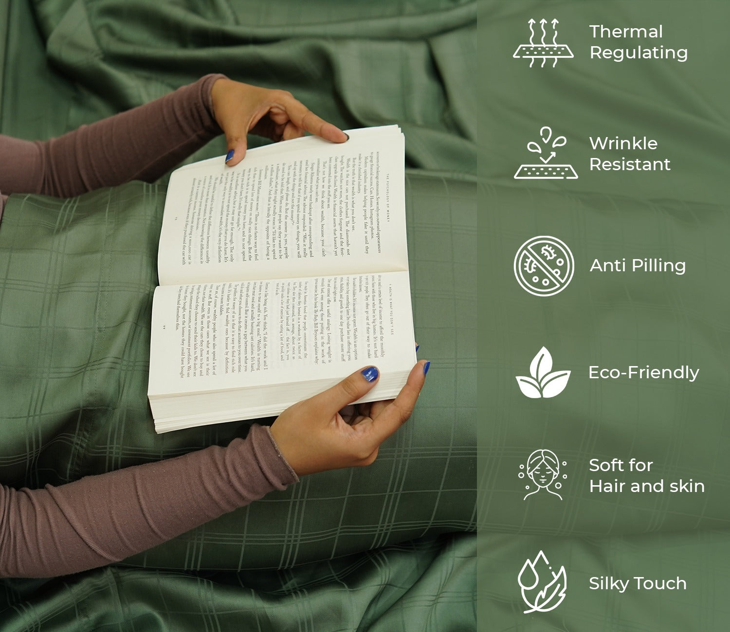 Dobby Checks Organic Bamboo 300 TC 2 Pillowcases and 1 Fitted Bedsheet (Green, Queen Size)