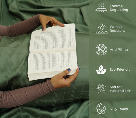 Dobby Checks Organic Bamboo 300 TC 2 Pillowcases and 1 Fitted Bedsheet (Green, Queen Size)