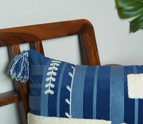 Abstract Tasseled Blue Cotton Cushion Cover -14 x 20