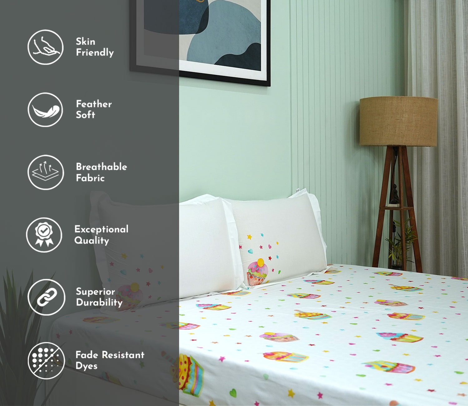 Cupcakes Flat Cotton Kids Bed Sheet King Size with 2 Pillow Covers