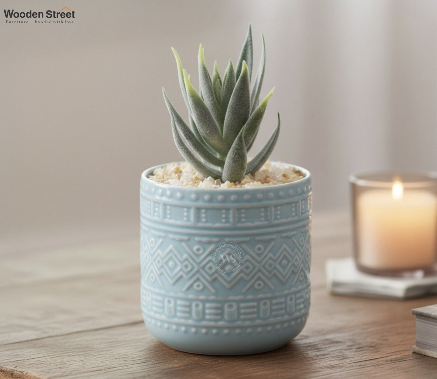 Beamify Ceramic Pot With Artificial Flowers (Aqua Blue)
