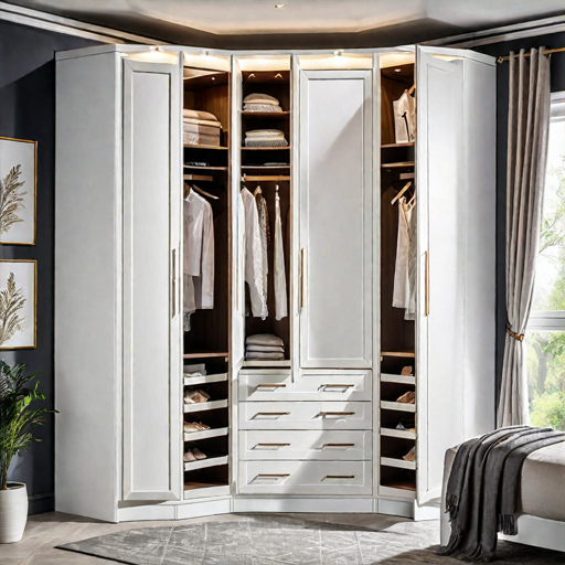 Trueliving 4 Door Corner White wardrobe Laminated Finish & PU Finish with Drawers (6Ft *2Ft *9Ft -1828.8MM X 609MM X 2743.2MM)