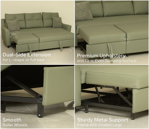 Elano 3-Seater Sofa Cum Bed | Pull-Out Mechanism (Green)