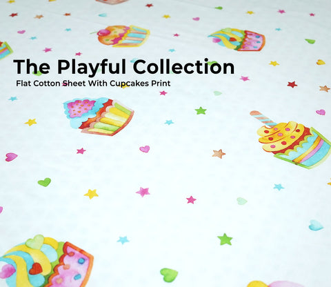 Cupcakes Flat Cotton Kids Bed Sheet King Size with 2 Pillow Covers
