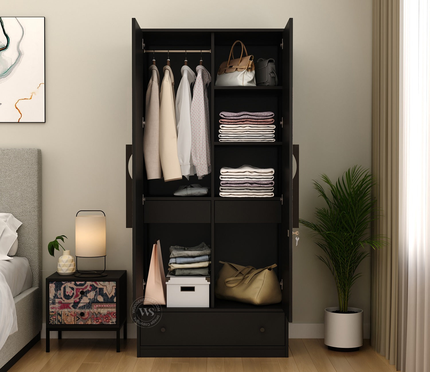 Avren Engineered Wood Wardrobe with Textured Front & Drawer Storage (Patchwork Multi)