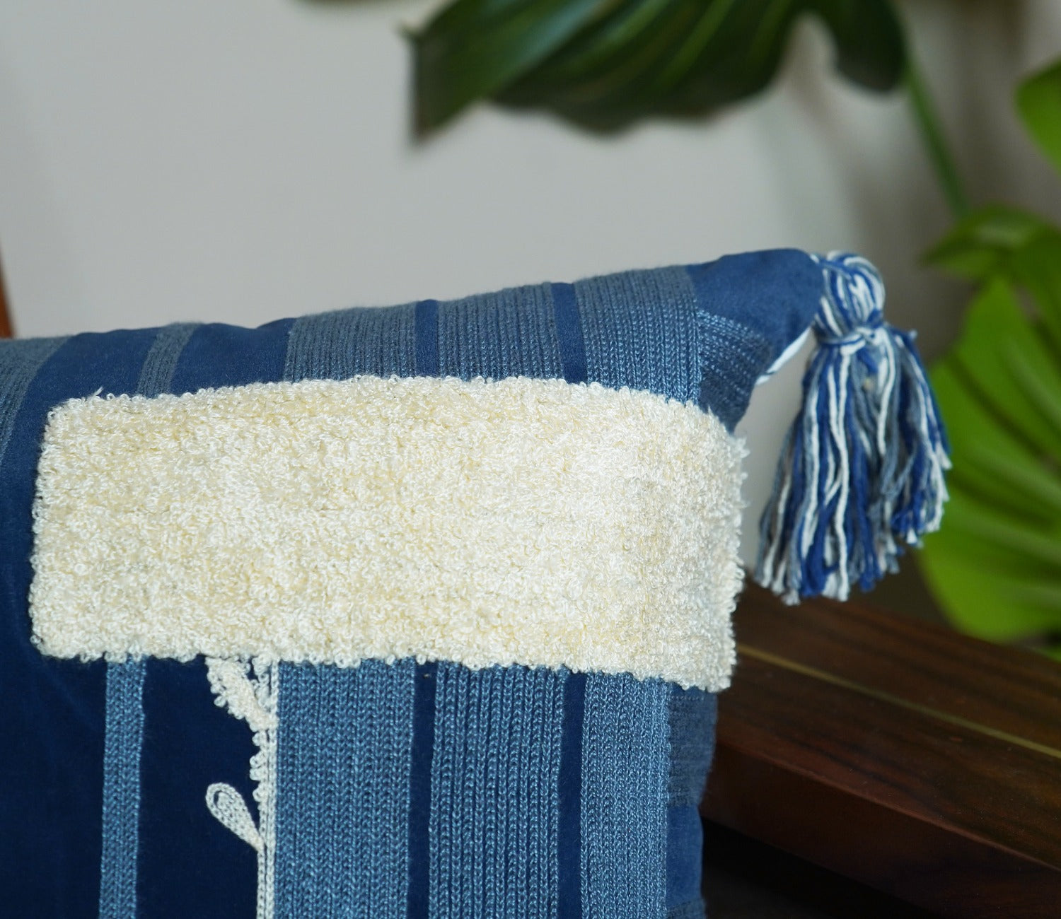 Abstract Tasseled Blue Cotton Cushion Cover -14 x 20