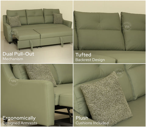 Elano 3-Seater Sofa Cum Bed | Pull-Out Mechanism (Green)