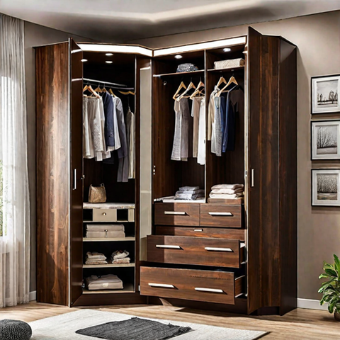 Trueliving 4 Door Corner Brown wardrobe Laminated Finish & PU Finish with Drawers (6Ft *2Ft *9Ft -1828.8MM X 609MM X 2743.2MM)