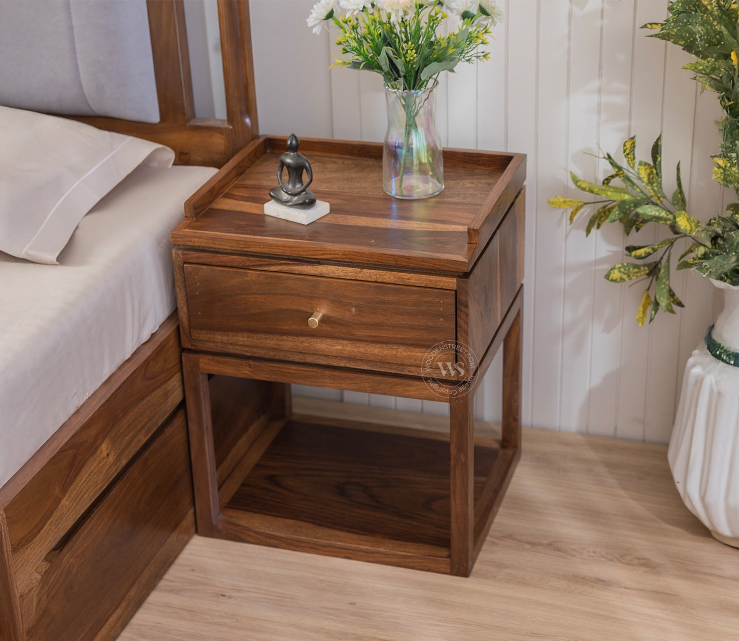 Anvay Sheesham Wood Bedside Table with Drawer & Open Shelf (Teak Finish)