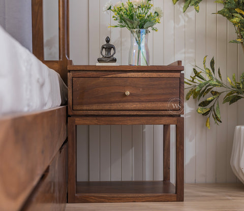 Anvay Sheesham Wood Bedside Table with Drawer & Open Shelf (Teak Finish)