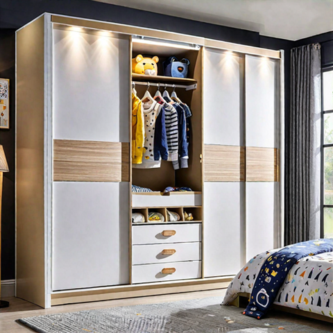 Trueliving 4 Door Sliding Kids wardrobe Laminated Finish & PU Finish with Drawers (6Ft *2Ft *9Ft -1828.8MM X 609MM X 2743.2MM)