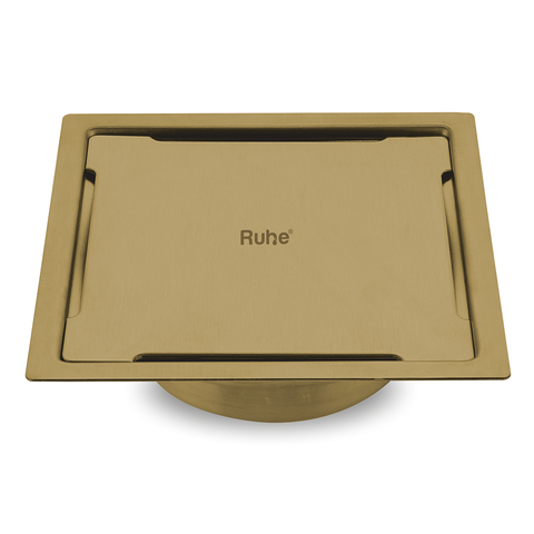 Trueliving_Diamond Silver Square Flat Cut Floor Drain in Yellow Gold PVD Coating (6 x 6 Inches)