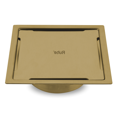 Trueliving_Diamond Silver Square Flat Cut Floor Drain in Yellow Gold PVD Coating (6 x 6 Inches)