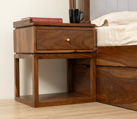 Anvay Sheesham Wood Bedside Table with Drawer & Open Shelf (Teak Finish)