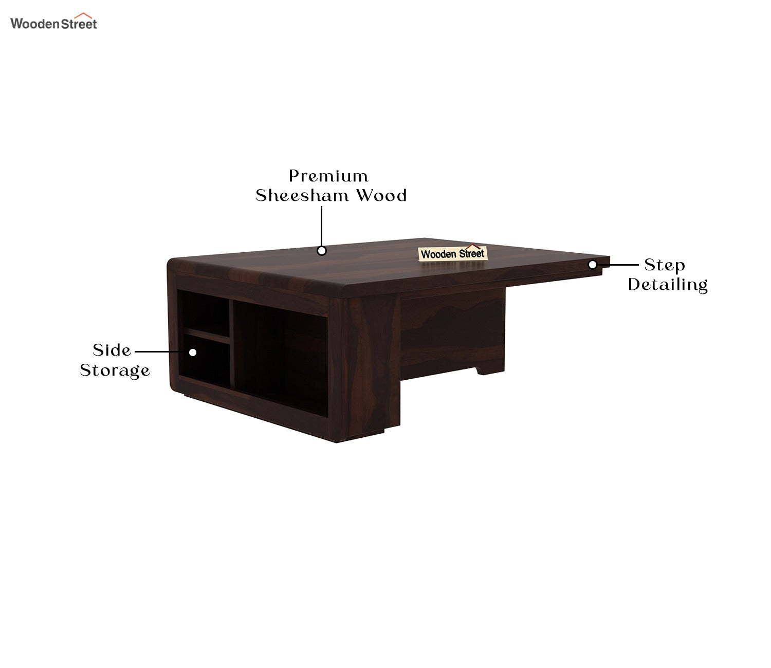 Vesta Sheesham Wood Coffee Table with Four Stools (Walnut Finish, Cream Blossom)