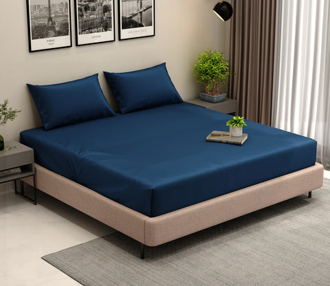 Vegan Bamboo Silk Bedsheet 300 TC Naturally Anti-Bacterial Queen Bedsheet with 2 Pillow Cover (Navy Blue)