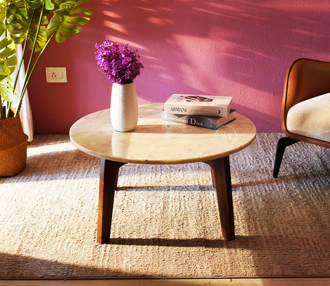 Siya Sheesham Wood Center Table with Marble Top (Teak Finish)