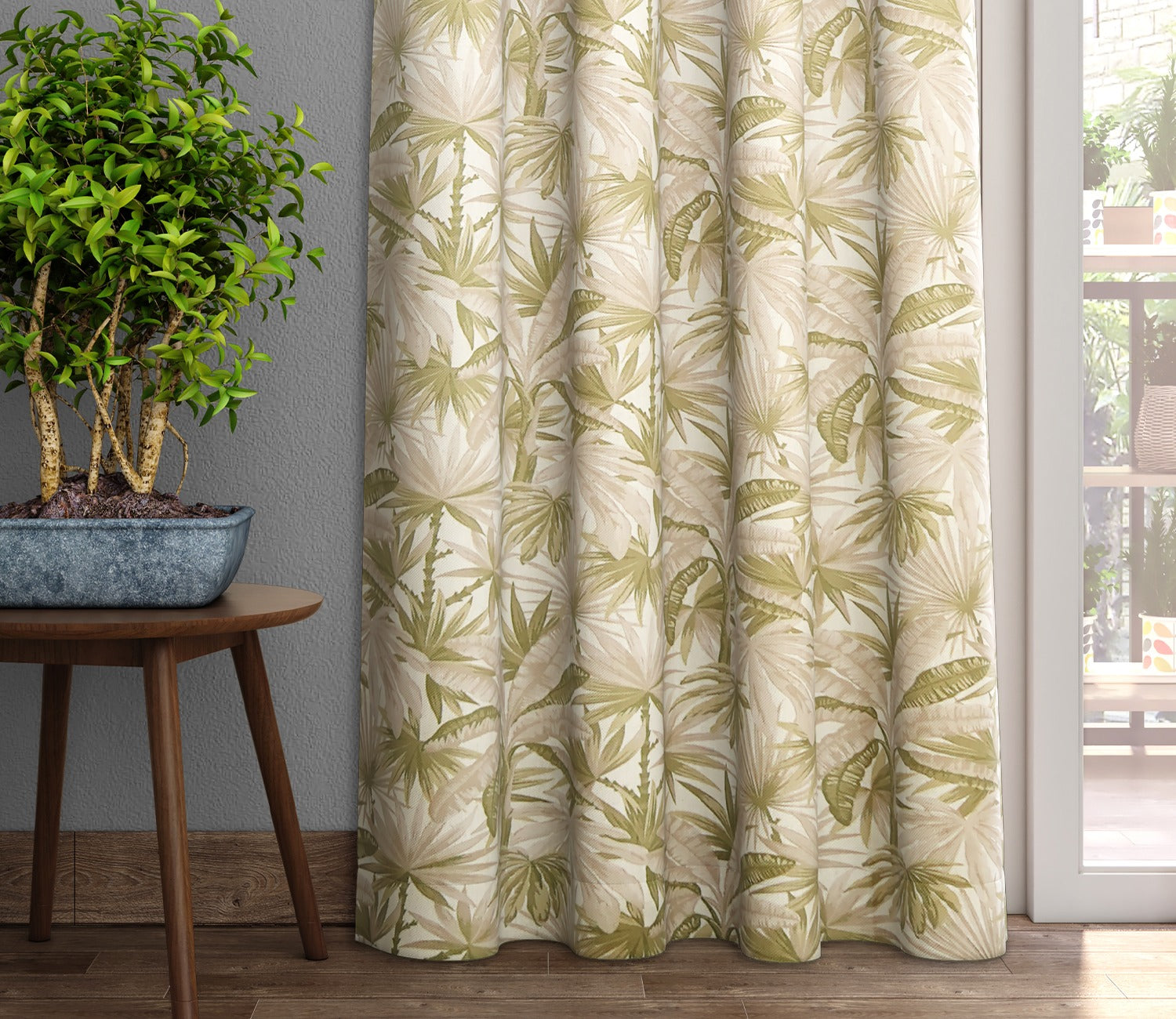 Palm Tree Light-Filtering Door Curtains Set of 2 (Green, 7 Feet)