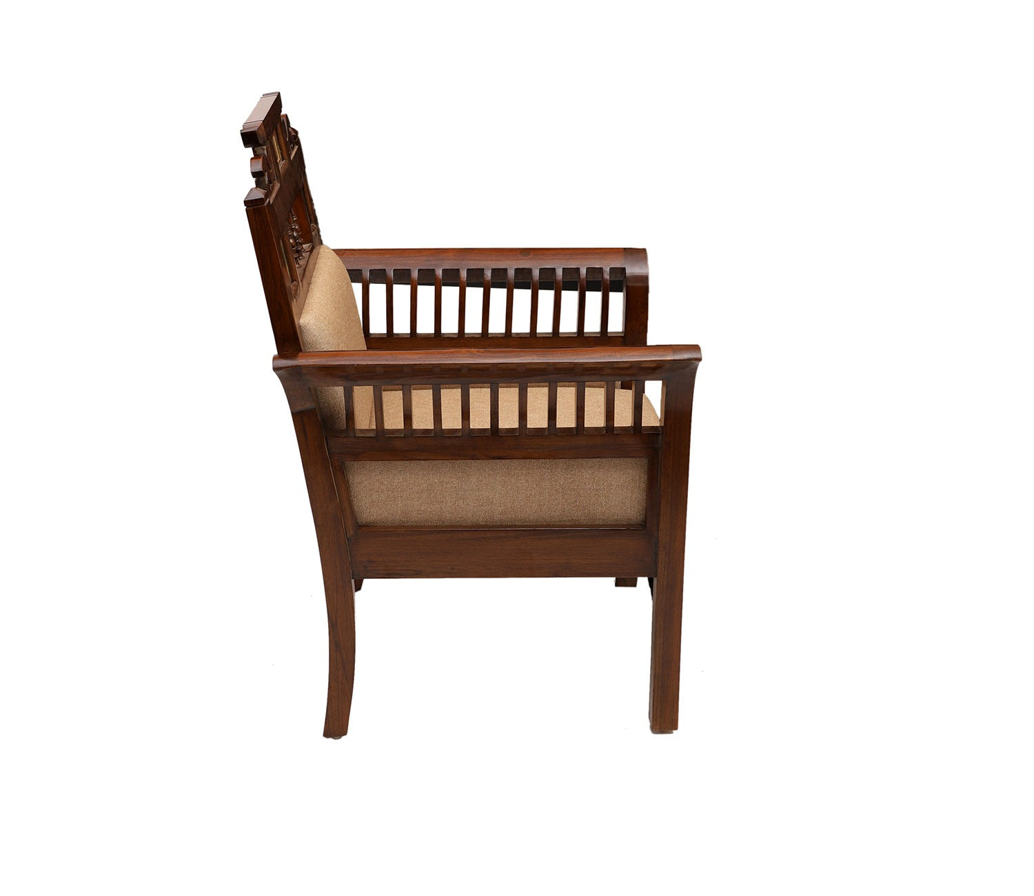 Maharaja-II Single Seater Sofa in Teakwood with Walnut Finish adorned with Dhokra Brass Frames