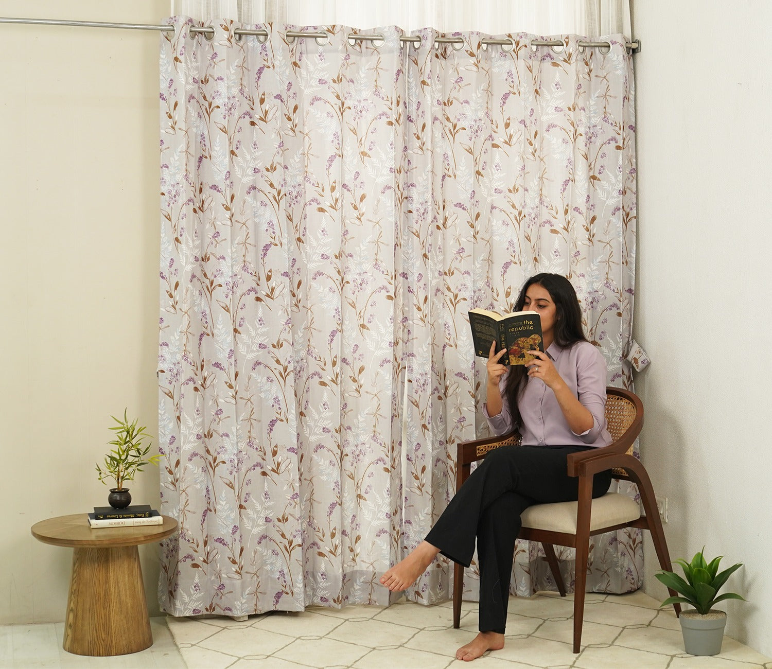 Fossil Daisy Uplands Floral Print Light-Filtering Door Curtains Set of 2 (Beige, 7 Feet)
