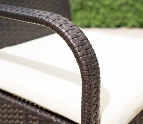 Dark Brown Rattan And Wicker Dinning Patio Set With Cream Cushions