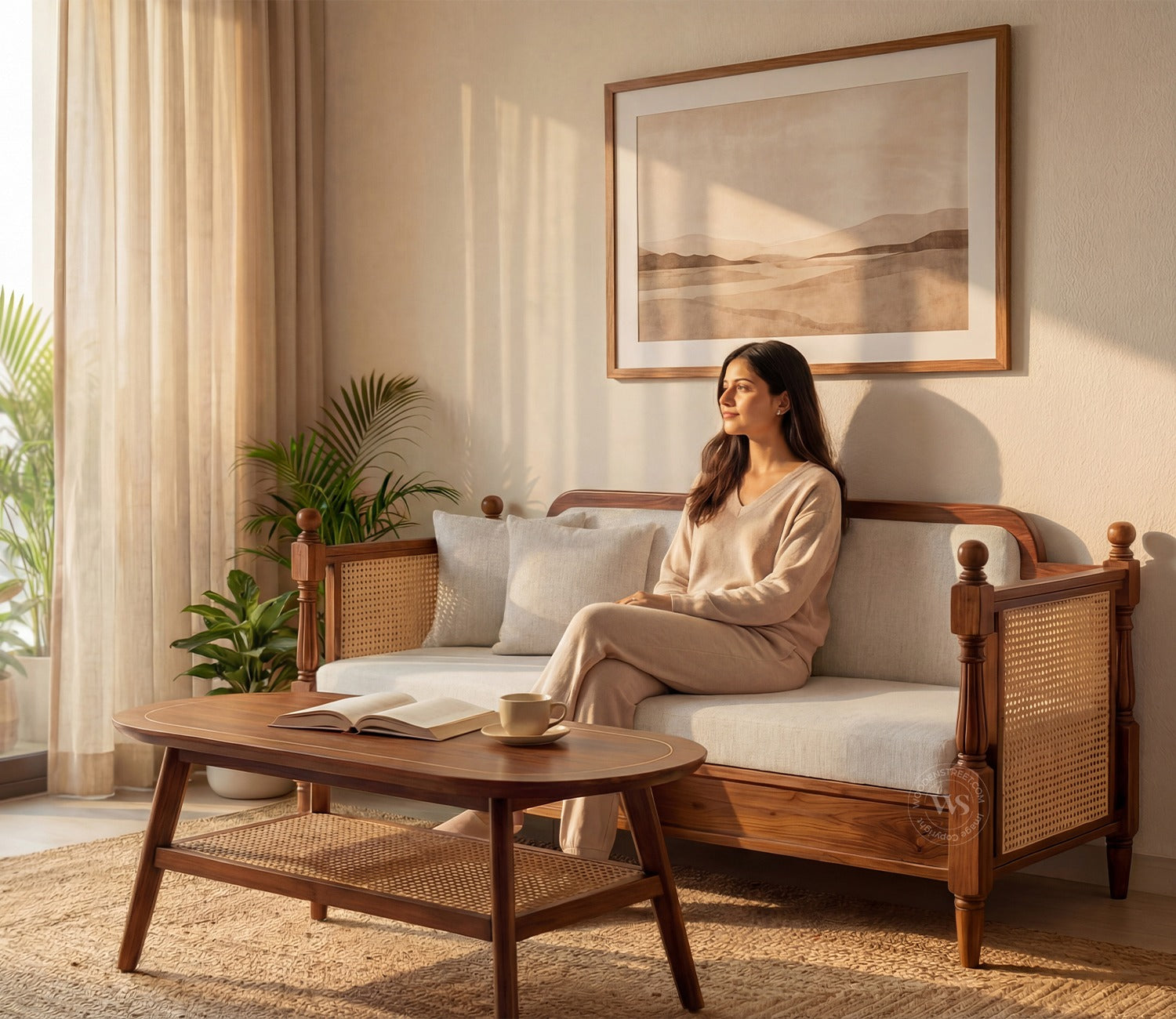 Dyuti Sheesham Wood and Cane Divan Bed with Jade Ivory Mattress (Teak Finish)