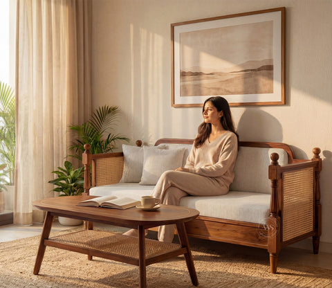 Dyuti Sheesham Wood and Cane Divan Bed with Jade Ivory Mattress (Teak Finish)