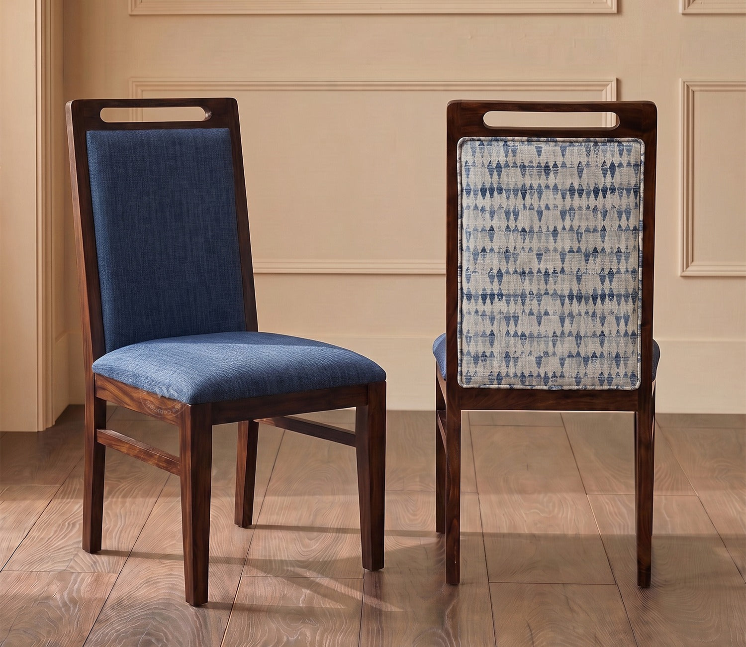 Hazel Sheesham Wood Premium Cotton Cushioned Dining Chair - Set of 2 (Cotton, Walnut Iris Blue)