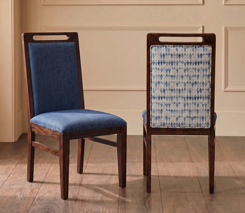 Hazel Sheesham Wood Premium Cotton Cushioned Dining Chair - Set of 2 (Cotton, Walnut Iris Blue)