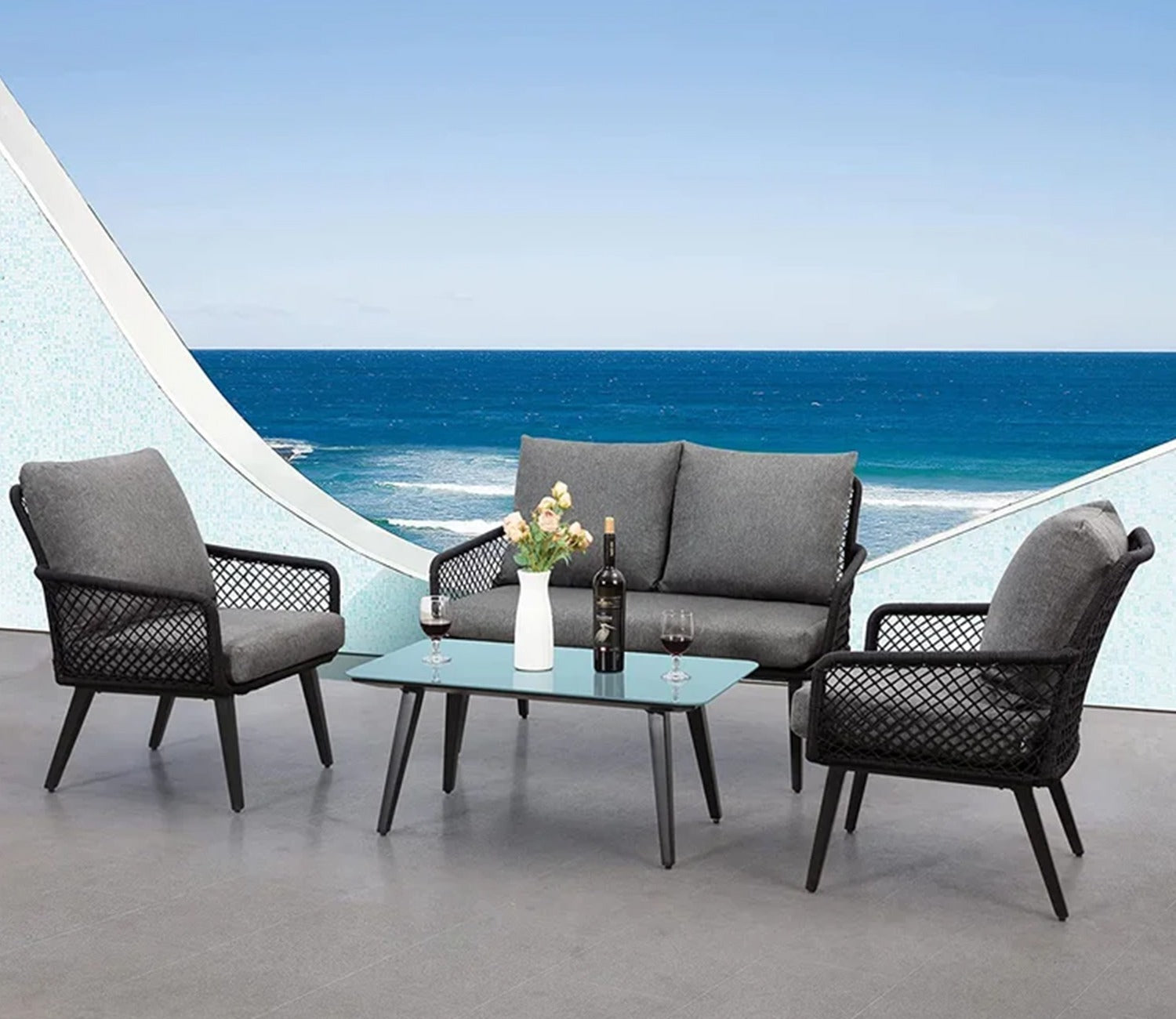 Black Rope 4 Seater With Table And Grey Cushions