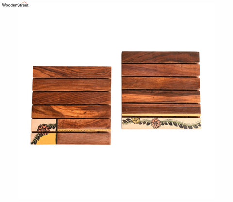 Flower Motif Wooden Handcrafted Coaster - Set of 2