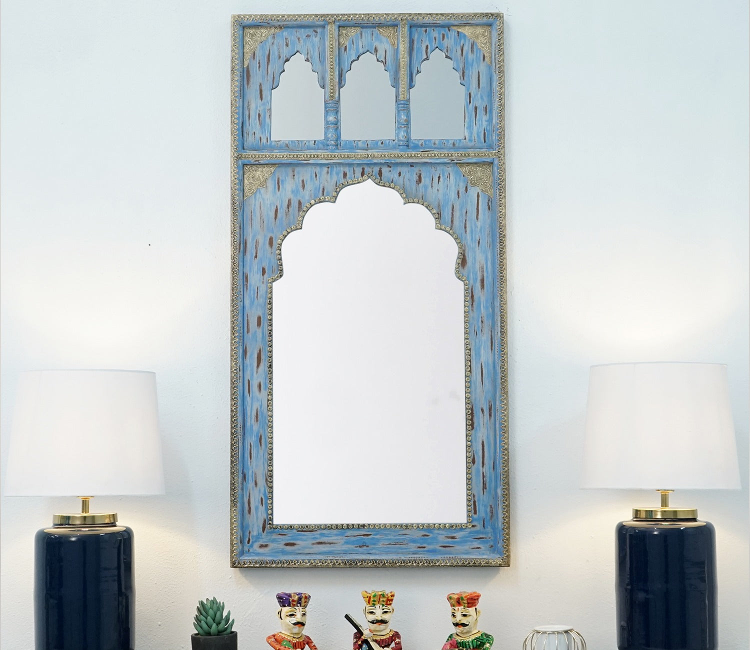 Izara Carved Mirror Frame (Distressed Blue)