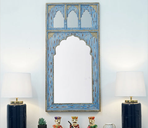 Izara Carved Mirror Frame (Distressed Blue)