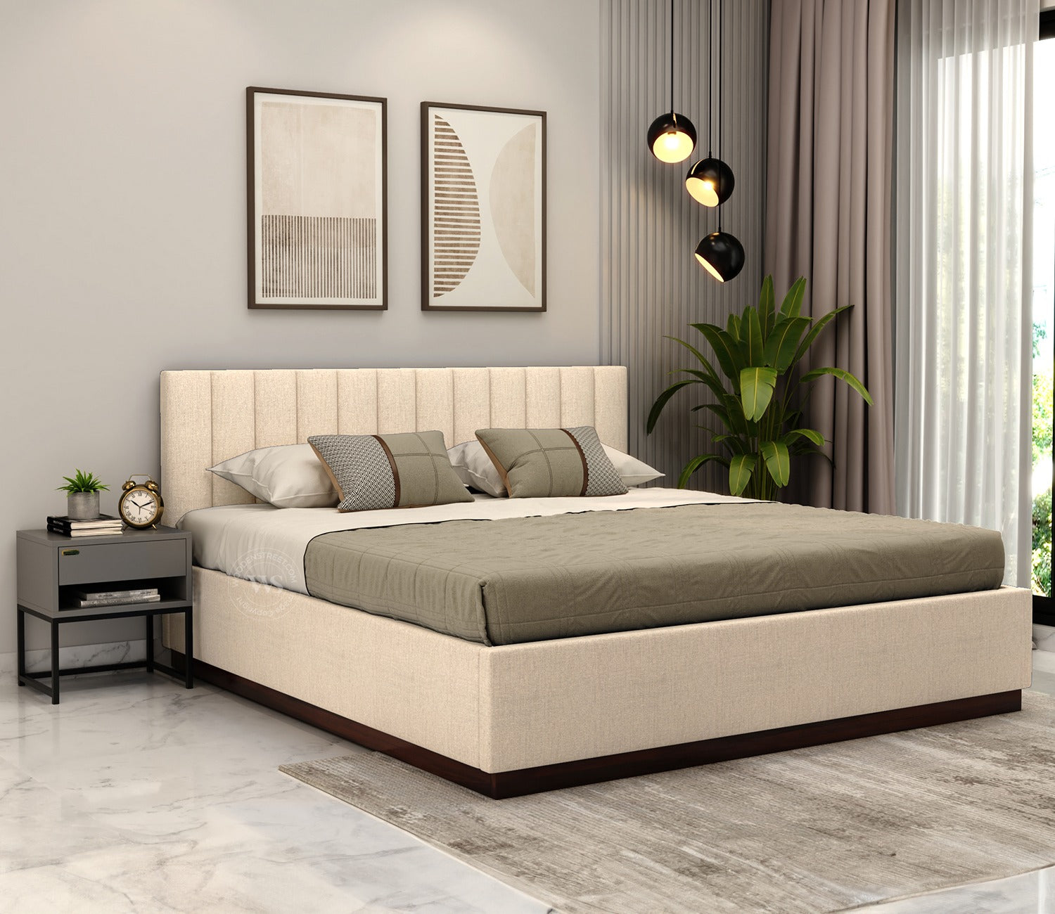 Nuvo Premium Upholstered Bed With Hydraulic Storage (Queen Size, Jade Ivory)