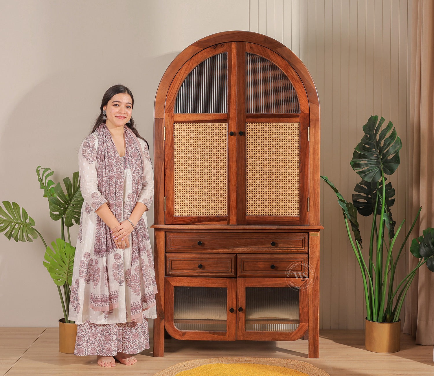 Anant Sheesham Wood Home Temple with Cane & Fluted Glass Doors and Spacious Drawers (Teak Finish)