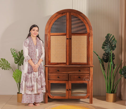 Anant Sheesham Wood Home Temple with Cane & Fluted Glass Doors and Spacious Drawers (Teak Finish)