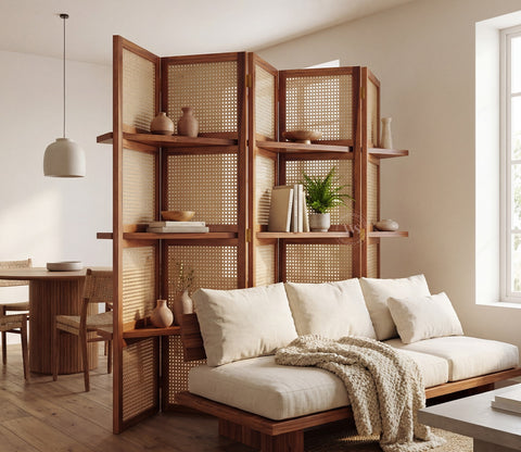 Aakaar Sheesham Wood Foldable Room Divider with Cane Weave & Open Shelves - 5 Panel Partition Screen