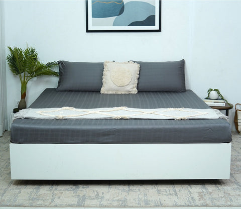 Dobby Checks Organic Bamboo 300 TC 2 Pillowcases and 1 Fitted Bedsheet (Grey, King Size)
