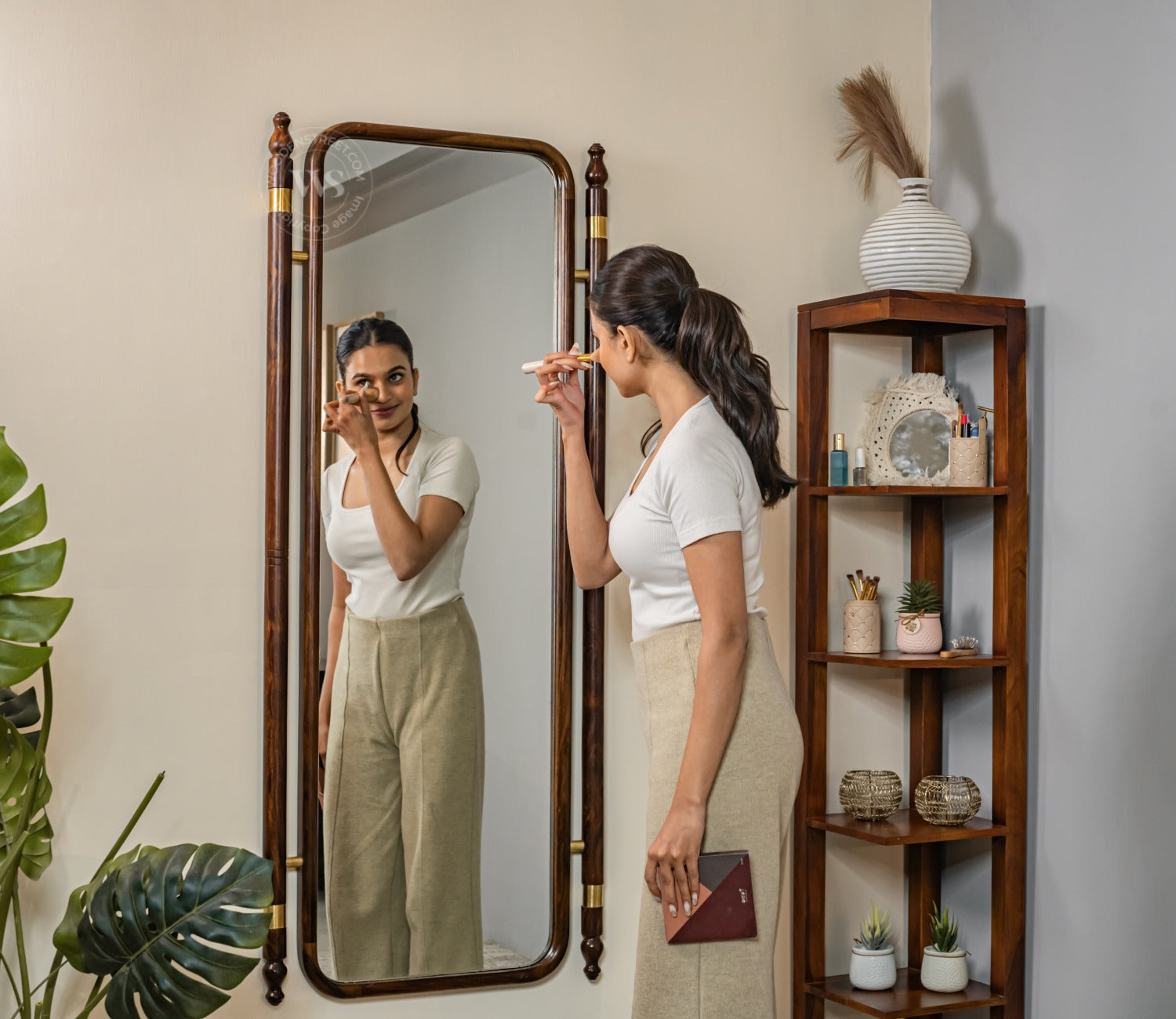 Skyler Antique Sheesham Wood Full Length Mirror With Brass Design (Walnut Finish)